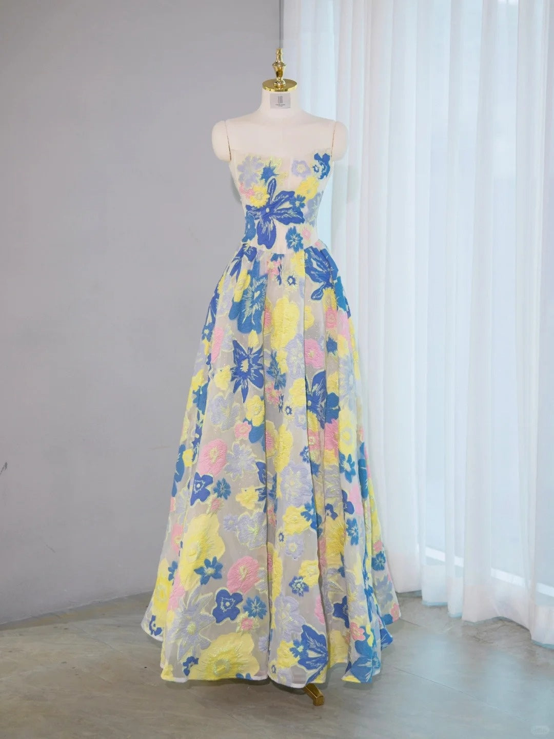 Vibrant Strapless Colorful Floral Embroidered Maxi Dress Elegant Sheen Fabric A-Line Prom Dress AP2142