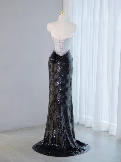 Sexy Silver Leather-Like Fabric Strapless Beading Maxi Dress Vogue Black Sequin Lace-Up Back Prom Dress AP2143