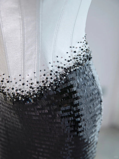 Sexy Silver Leather-Like Fabric Strapless Beading Maxi Dress Vogue Black Sequin Lace-Up Back Prom Dress AP2143