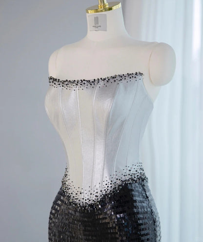 Sexy Silver Leather-Like Fabric Strapless Beading Maxi Dress Vogue Black Sequin Lace-Up Back Prom Dress AP2143