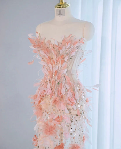 Charming Pink 3D Petal Accent Strapless Maxi Dress Fairy Core Sparkling Sequins Design Lace-Up Back Prom Dress AP2144