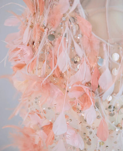 Charming Pink 3D Petal Accent Strapless Maxi Dress Fairy Core Sparkling Sequins Design Lace-Up Back Prom Dress AP2144