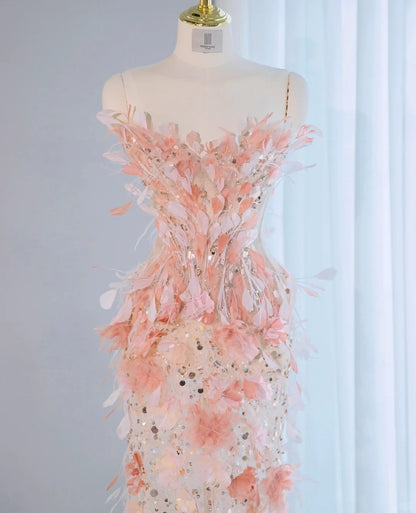 Charming Pink 3D Petal Accent Strapless Maxi Dress Fairy Core Sparkling Sequins Design Lace-Up Back Prom Dress AP2144