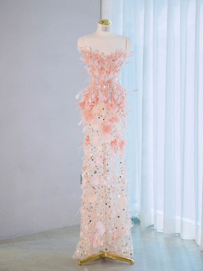 Charming Pink 3D Petal Accent Strapless Maxi Dress Fairy Core Sparkling Sequins Design Lace-Up Back Prom Dress AP2144