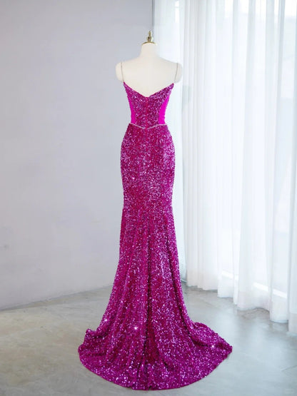 New Arrival Spaghetti Strap Zipper Back Mermaid Maxi Dress Alluring Glittering Sequins Accent Beading Prom Dress AP2145
