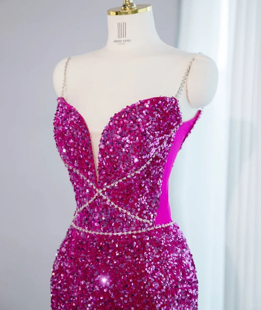 New Arrival Spaghetti Strap Zipper Back Mermaid Maxi Dress Alluring Glittering Sequins Accent Beading Prom Dress AP2145