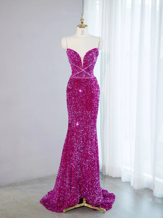 New Arrival Spaghetti Strap Zipper Back Mermaid Maxi Dress Alluring Glittering Sequins Accent Beading Prom Dress AP2145