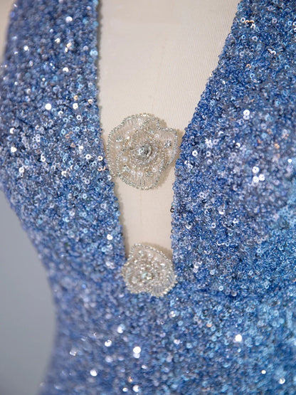 Charming Blue 3D Floral Design Halter Maxi Dress Romantic Sequins Accent Shining Bead Sheath Prom Dress AP2146