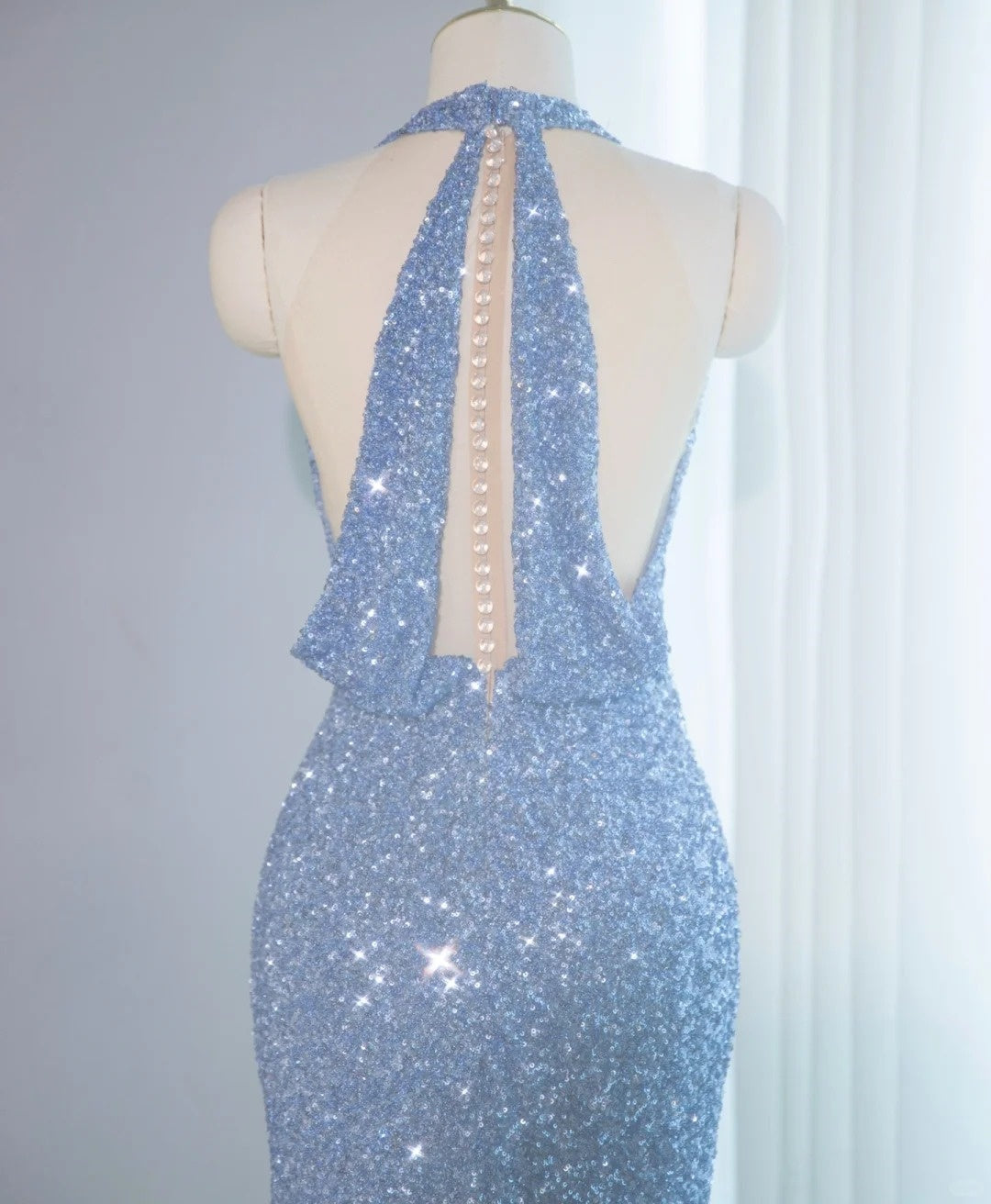 Charming Blue 3D Floral Design Halter Maxi Dress Romantic Sequins Accent Shining Bead Sheath Prom Dress AP2146