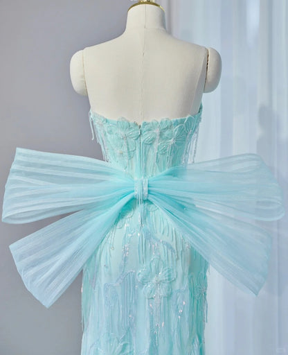 Exquisitely Designed Mint Green Strapless Sheath Maxi Dress Tuextured Applique Beading Big Bow Accent Prom Dress AP2148
