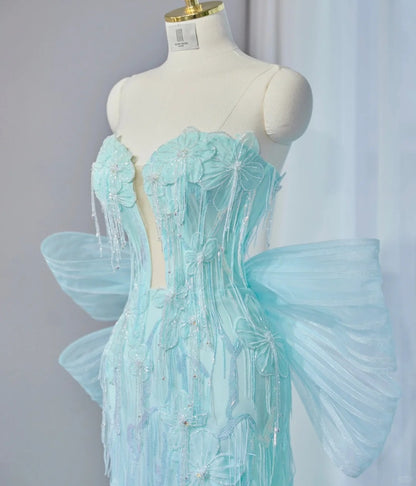Exquisitely Designed Mint Green Strapless Sheath Maxi Dress Tuextured Applique Beading Big Bow Accent Prom Dress AP2148