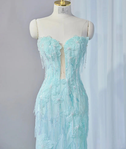 Exquisitely Designed Mint Green Strapless Sheath Maxi Dress Tuextured Applique Beading Big Bow Accent Prom Dress AP2148