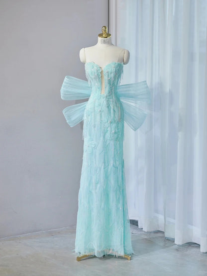 Exquisitely Designed Mint Green Strapless Sheath Maxi Dress Tuextured Applique Beading Big Bow Accent Prom Dress AP2148