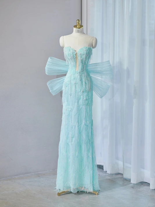 Exquisitely Designed Mint Green Strapless Sheath Maxi Dress Tuextured Applique Beading Big Bow Accent Prom Dress AP2148