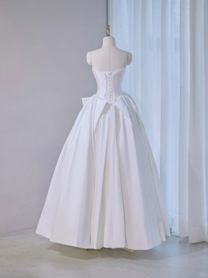 Graceful Simple Strapless Satin A-Line Bridal Dress Romantic Riched Waist Lace-Up Back Wedding Dress AP2149