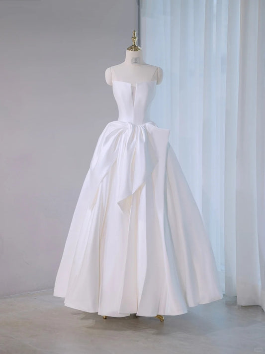 Graceful Simple Strapless Satin A-Line Bridal Dress Romantic Riched Waist Lace-Up Back Wedding Dress AP2149