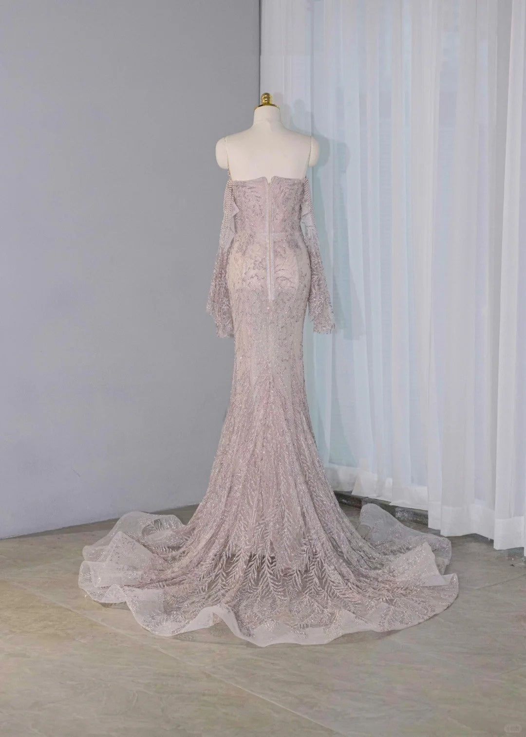 Romantic Off-Shoulder Beading Mermaid Bridal Dress Charming Long Bell Sleeve Sequins Accent Wedding Dress AP2150