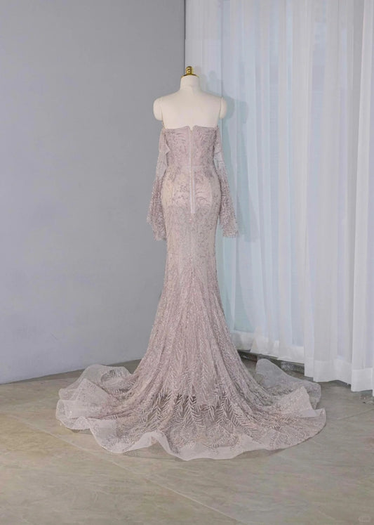 Romantic Off-Shoulder Beading Mermaid Bridal Dress Charming Long Bell Sleeve Sequins Accent Wedding Dress AP2150