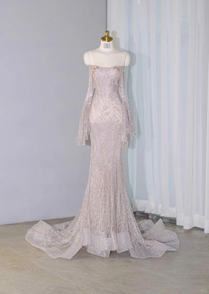 Romantic Off-Shoulder Beading Mermaid Bridal Dress Charming Long Bell Sleeve Sequins Accent Wedding Dress AP2150