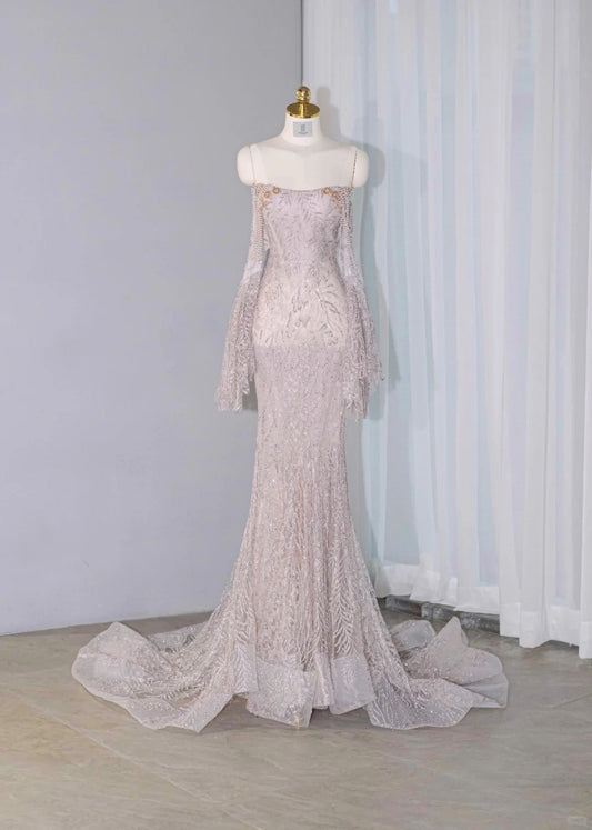 Romantic Off-Shoulder Beading Mermaid Bridal Dress Charming Long Bell Sleeve Sequins Accent Wedding Dress AP2150