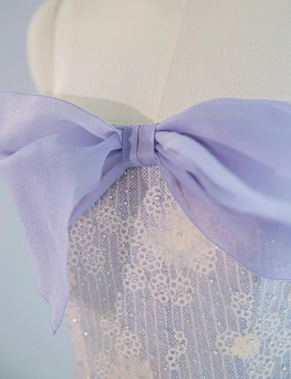 Dreamy Applique Strapless Sheer Mesh Overlay Big Bow Trim Maxi Dress Graceful A-Line Sequins Accent Formal Events Prom Dress AP2151