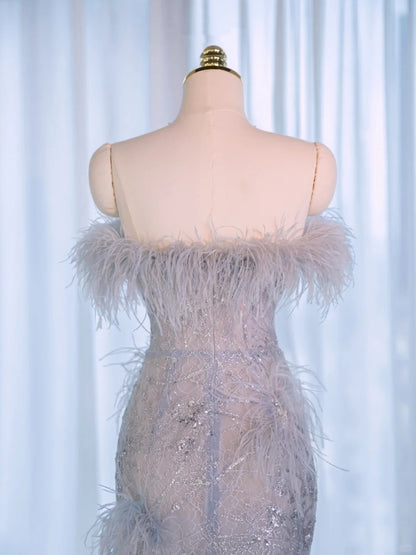 Charming Strapless Plush Feathers Trimmed Maxi Dress Novelty Beading Sparkling Sequins Sheath Prom Dress AP2152