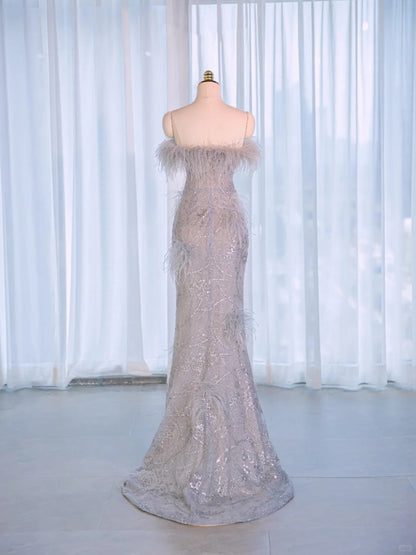 Charming Strapless Plush Feathers Trimmed Maxi Dress Novelty Beading Sparkling Sequins Sheath Prom Dress AP2152