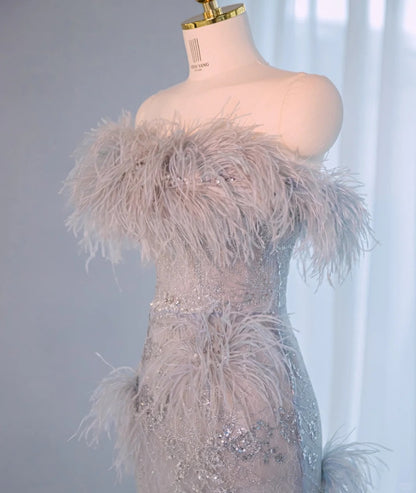 Charming Strapless Plush Feathers Trimmed Maxi Dress Novelty Beading Sparkling Sequins Sheath Prom Dress AP2152