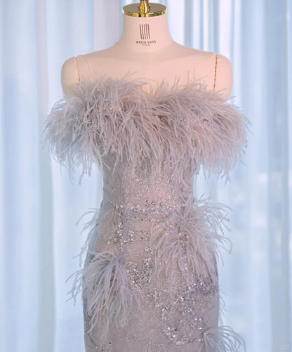 Charming Strapless Plush Feathers Trimmed Maxi Dress Novelty Beading Sparkling Sequins Sheath Prom Dress AP2152