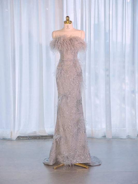 Charming Strapless Plush Feathers Trimmed Maxi Dress Novelty Beading Sparkling Sequins Sheath Prom Dress AP2152