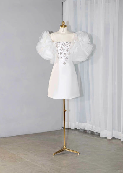 Fairy-Tale Off-Shoulder Satin Fabric Mini Dress Exquisite Tiered Tulle Splicing Glittering Beading Homecoming Dress AP2153