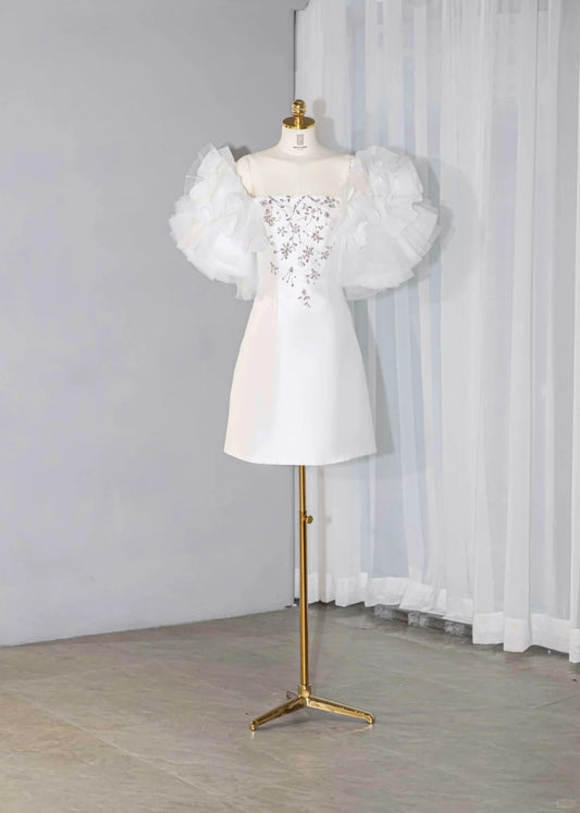 Fairy-Tale Off-Shoulder Satin Fabric Mini Dress Exquisite Tiered Tulle Splicing Glittering Beading Homecoming Dress AP2153