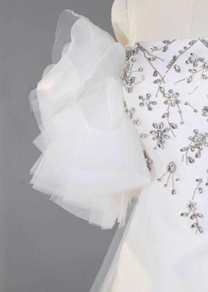 Fairy-Tale Off-Shoulder Satin Fabric Mini Dress Exquisite Tiered Tulle Splicing Glittering Beading Homecoming Dress AP2153