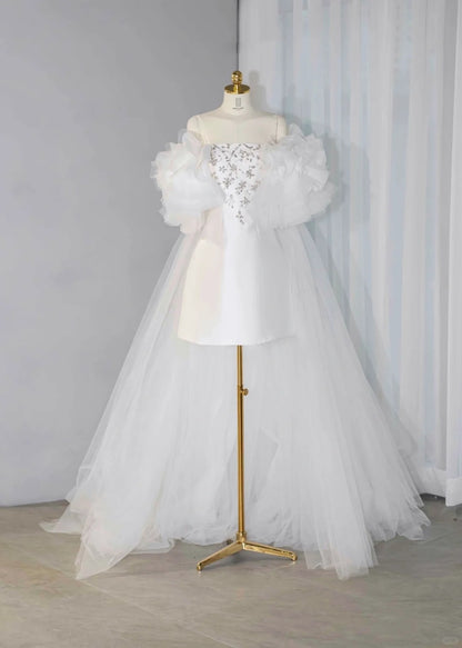 Fairy-Tale Off-Shoulder Satin Fabric Mini Dress Exquisite Tiered Tulle Splicing Glittering Beading Homecoming Dress AP2153