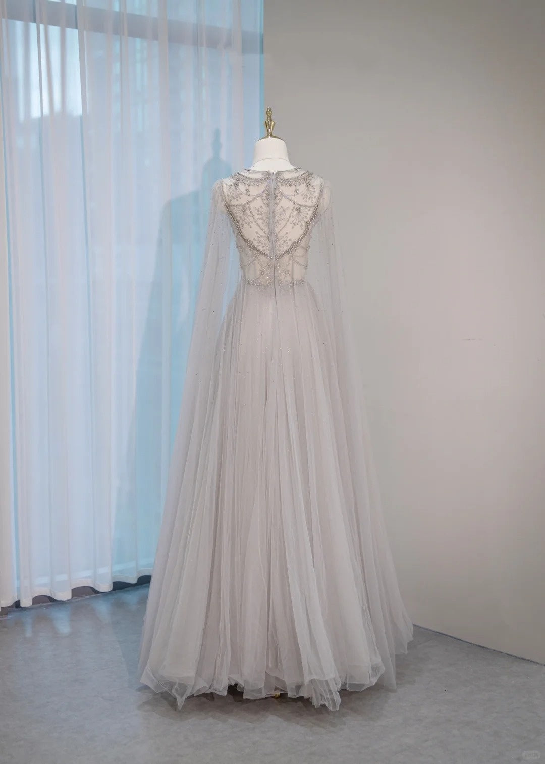 Opulent Round Neck Cascade Tulle Layered Hem Maxi Dress Charming A-Line Crystal Accent Sheer Tulle Cape Formal Events Prom Dress AP2154