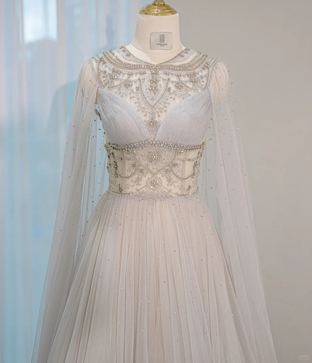 Opulent Round Neck Cascade Tulle Layered Hem Maxi Dress Charming A-Line Crystal Accent Sheer Tulle Cape Formal Events Prom Dress AP2154