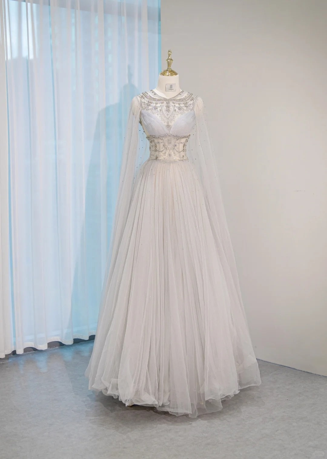 Opulent Round Neck Cascade Tulle Layered Hem Maxi Dress Charming A-Line Crystal Accent Sheer Tulle Cape Formal Events Prom Dress AP2154