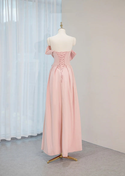 Cute Soft Pink Strapless Floor-Length Lace-Up Back Maxi Dress Elegant Oversized Bow Accent Draped Prom Dress AP2155