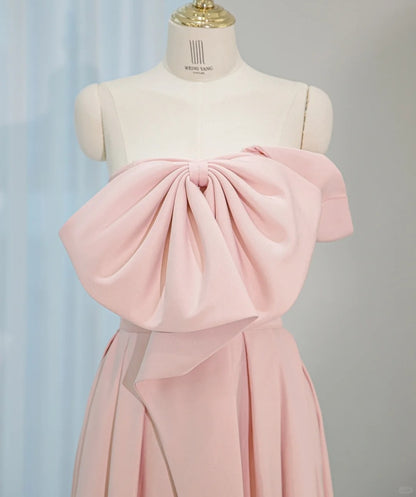 Cute Soft Pink Strapless Floor-Length Lace-Up Back Maxi Dress Elegant Oversized Bow Accent Draped Prom Dress AP2155