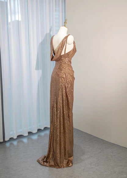 Elegant Asymmetric Spaghetti Straps Draped Maxi Dress Backless Sequin Prom Dress AP2156