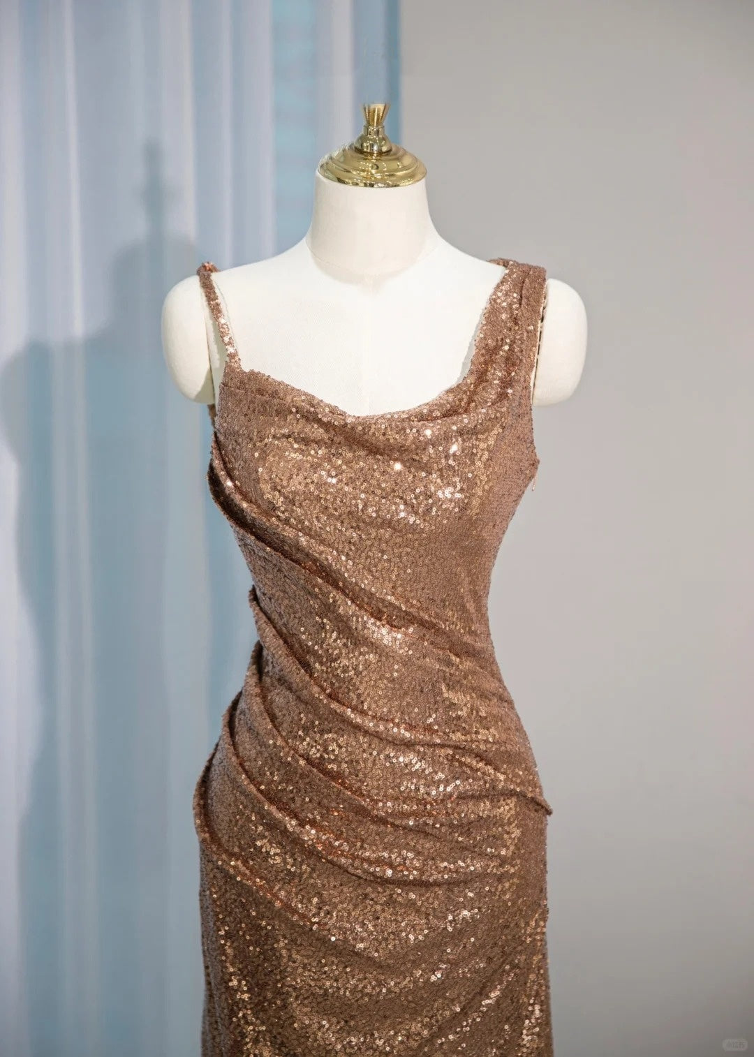 Elegant Asymmetric Spaghetti Straps Draped Maxi Dress Backless Sequin Prom Dress AP2156