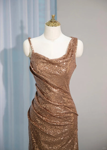 Elegant Asymmetric Spaghetti Straps Draped Maxi Dress Backless Sequin Prom Dress AP2156