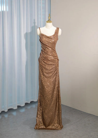 Elegant Asymmetric Spaghetti Straps Draped Maxi Dress Backless Sequin Prom Dress AP2156