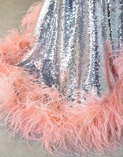 Romantic Silver All-Over Sequin Cutout Pink Feather Trim Maxi Dress Vintage Rhinestone Straps Open Back Prom Dress AP2157