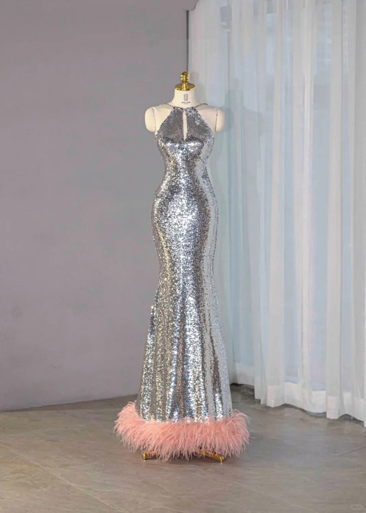 Romantic Silver All-Over Sequin Cutout Pink Feather Trim Maxi Dress Vintage Rhinestone Straps Open Back Prom Dress AP2157