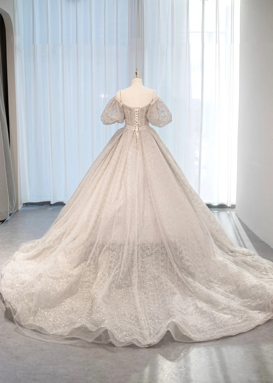 New Arrival Off-Shoulder Puffy Short Sleeve Sparkly Textured Fabric Engagement Dress Vogue Corset Waist Cascade Hem Wedding Dress AP2158