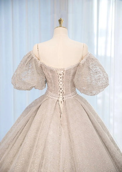 New Arrival Off-Shoulder Puffy Short Sleeve Sparkly Textured Fabric Engagement Dress Vogue Corset Waist Cascade Hem Wedding Dress AP2158