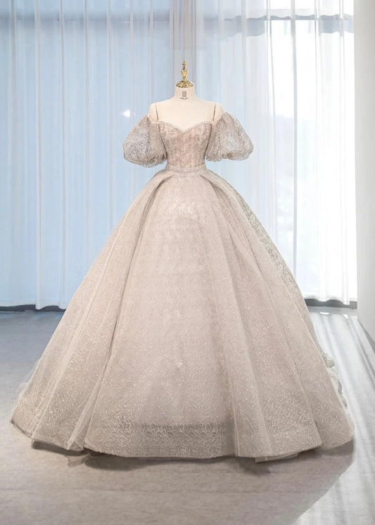 New Arrival Off-Shoulder Puffy Short Sleeve Sparkly Textured Fabric Engagement Dress Vogue Corset Waist Cascade Hem Wedding Dress AP2158