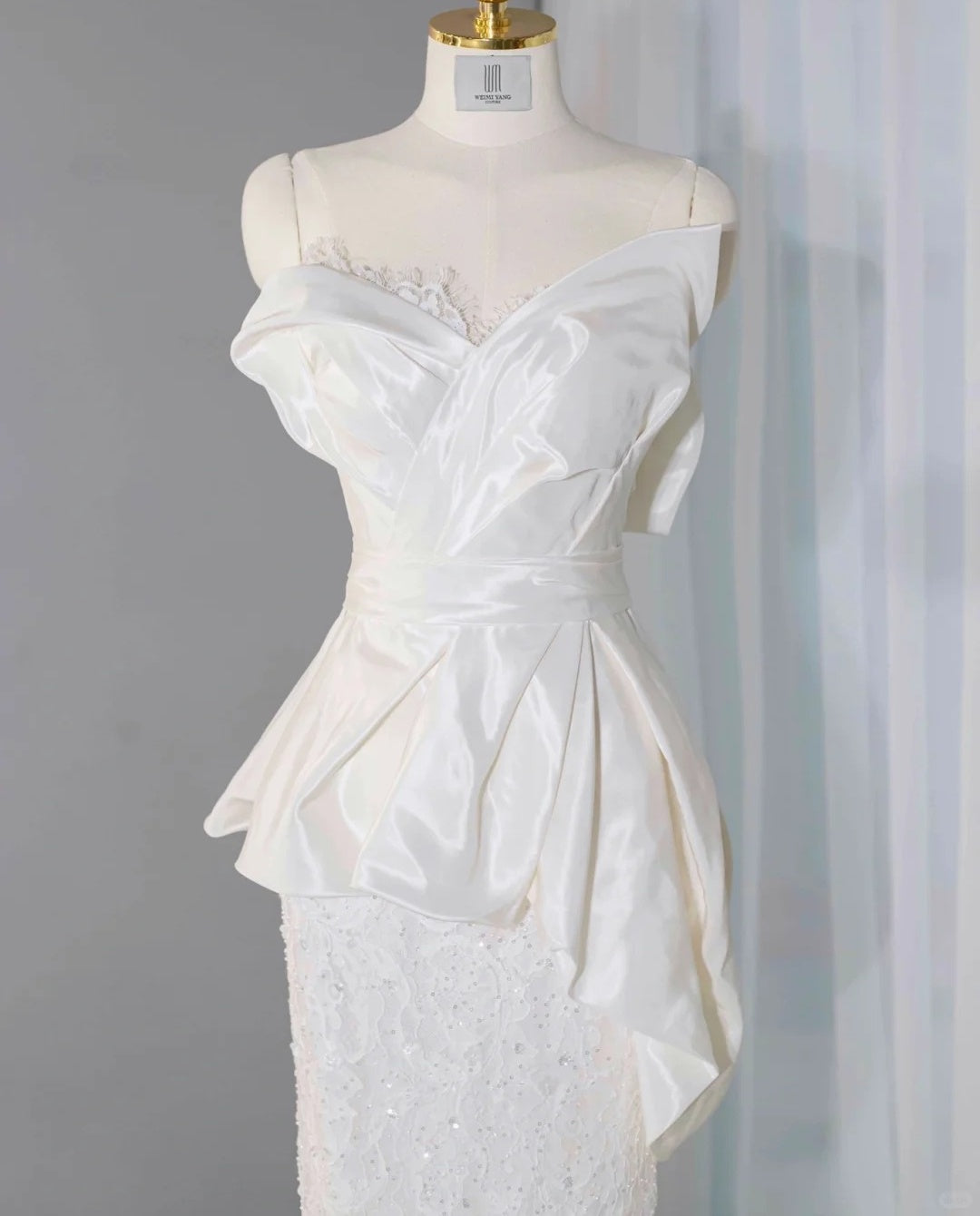 Graceful Draped Sheen Fabric Strapless Lace Trimmed Maxi Dress Vogue Zipper Back Mermaid Hem Sequins Accent Prom Dress AP2159