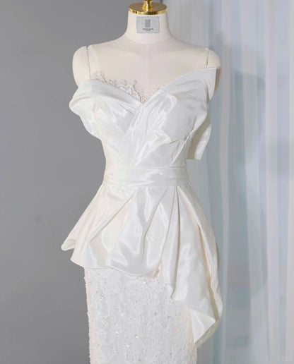 Graceful Draped Sheen Fabric Strapless Lace Trimmed Maxi Dress Vogue Zipper Back Mermaid Hem Sequins Accent Prom Dress AP2159